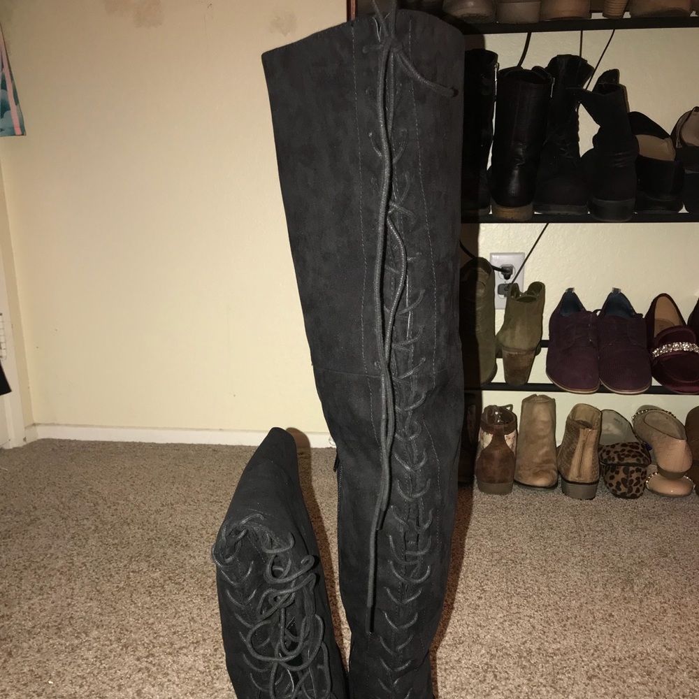 Black Lace Up Over the Knee Boots JustFab